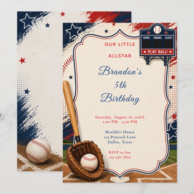 Invitación Fiesta de cumpleaños de béisbol (Anverso / Reverso)