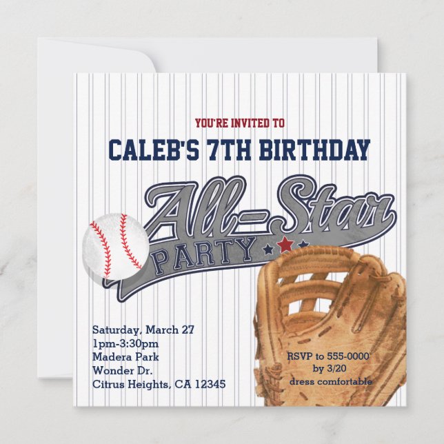 Invitación Fiesta de cumpleaños de béisbol a rayas de All Sta (Anverso)