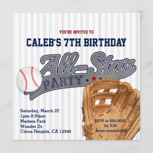 Invitación Fiesta de cumpleaños de béisbol a rayas de All Sta