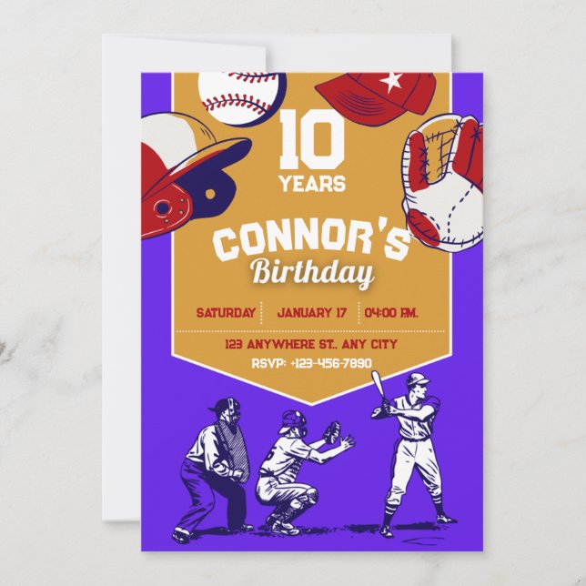 Invitación Fiesta de cumpleaños de béisbol con ilustraciones  (Anverso)