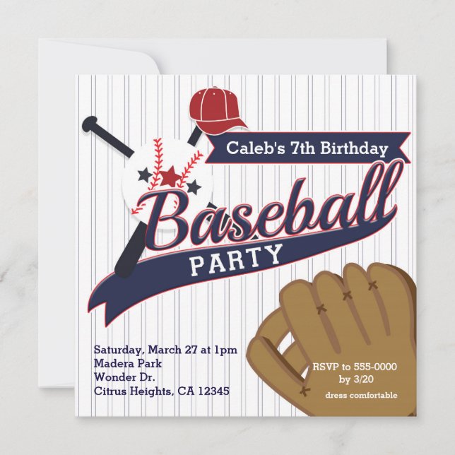 Invitación Fiesta de cumpleaños de béisbol con pin a rayas (Anverso)