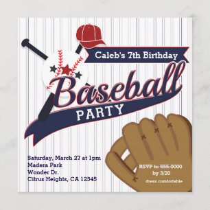 Invitación Fiesta de cumpleaños de béisbol con pin a rayas