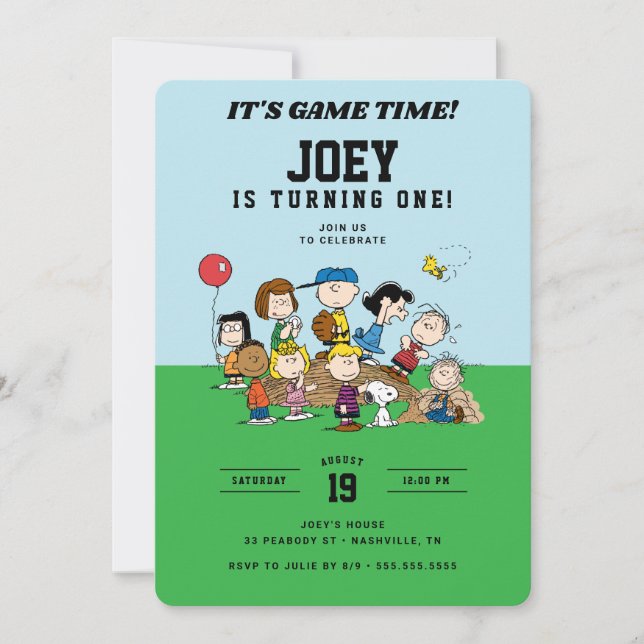Invitación Fiesta de Cumpleaños de Béisbol de Peanuts (Anverso)