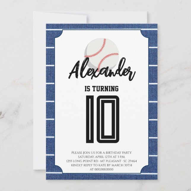 Invitación Fiesta de Cumpleaños de Béisbol de Rayas Azules (Anverso)