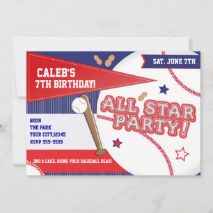 Invitación Fiesta de Cumpleaños de Béisbol Estrellas Rojo Bla