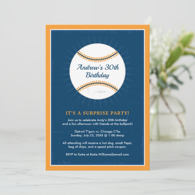 Invitación Fiesta de Cumpleaños de Béisbol Naranja Marina (Anverso de pie)