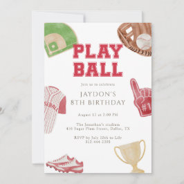 Invitación Fiesta de Cumpleaños de Béisbol Rojo Juega Pelota