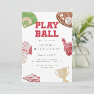 Invitación Fiesta de Cumpleaños de Béisbol Rojo Juega Pelota