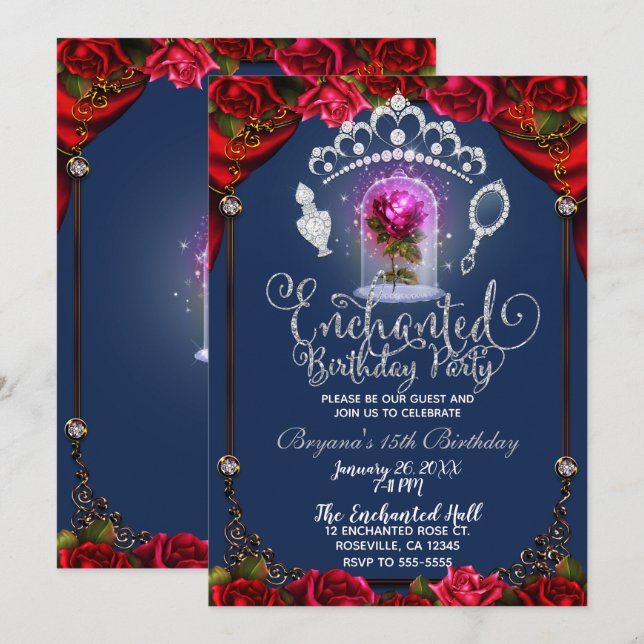 Invitación Fiesta de Cumpleaños de Belleza de Rosa Mágica Enc (Anverso / Reverso)