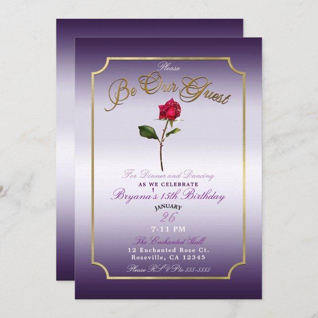 Invitación Fiesta de cumpleaños de belleza de rosa roja morad (Anverso / Reverso)