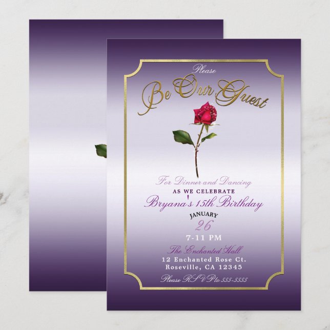 Invitación Fiesta de Cumpleaños de Belleza de Rosa Roja Púrpu (Anverso / Reverso)