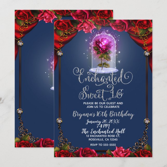 Invitación Fiesta de Cumpleaños de Belleza Rosa Roja Encantad (Anverso / Reverso)