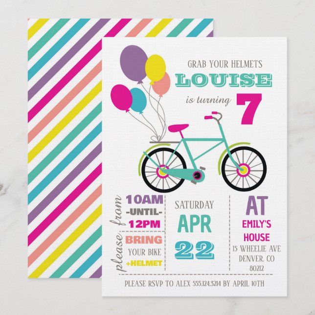 Invitación Fiesta de Cumpleaños de Bicicleta Arcoíris (Anverso / Reverso)