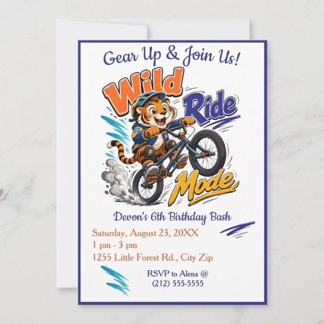 Invitación Fiesta de cumpleaños de bicicleta BMX de tigre par (Anverso)