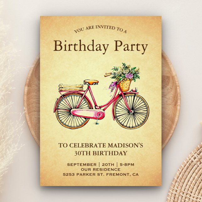 Invitación Fiesta de Cumpleaños de Bicicleta Floral Rosa Vint (Subido por el creador)