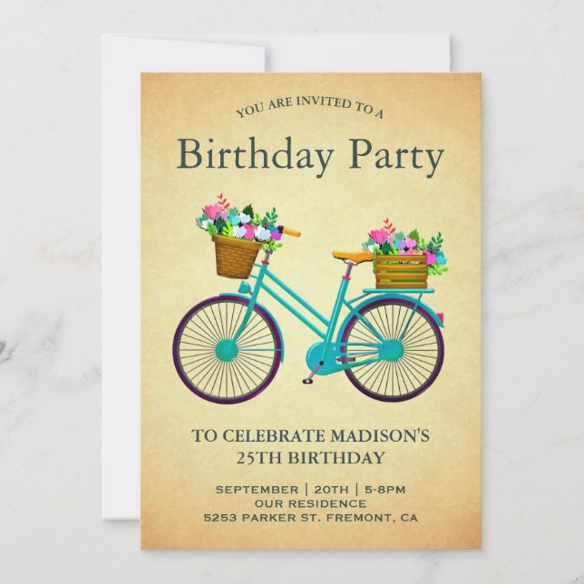 Invitación Fiesta de Cumpleaños de Bicicleta Floral Turquesa  (Anverso)