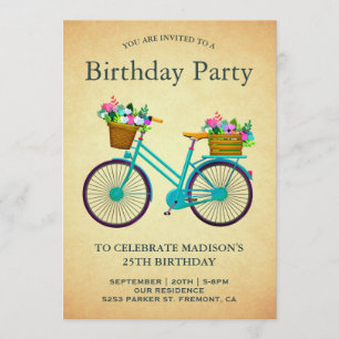 Invitación Fiesta de Cumpleaños de Bicicleta Floral Turquesa 