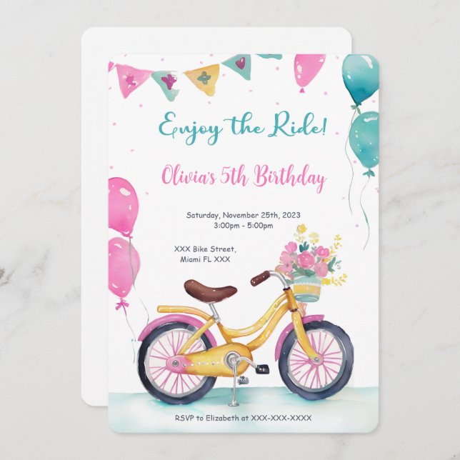Invitación Fiesta de Cumpleaños de Bicicleta Rosa y Azul (Anverso / Reverso)