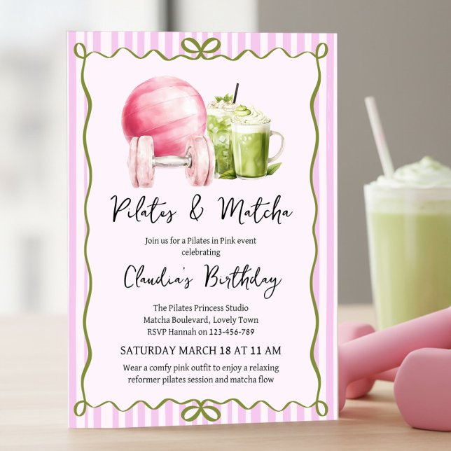 Invitación Fiesta de cumpleaños de bienestar con Pilates y Ma (Pilates & Matcha birthday invitation .. pilates in pink celebration .. girly wellness event)