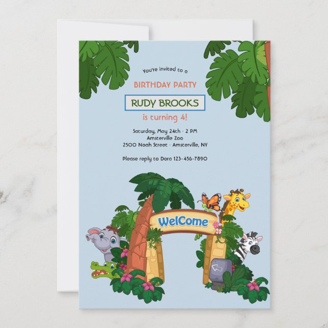 Invitación Fiesta de cumpleaños de bienvenida a zoológico (Anverso)