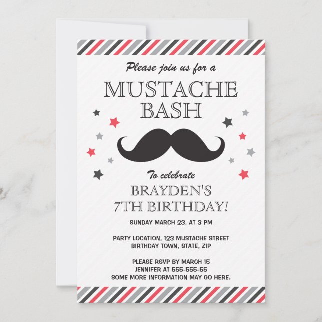 Invitación Fiesta de cumpleaños de bigote gris rojo (Anverso)