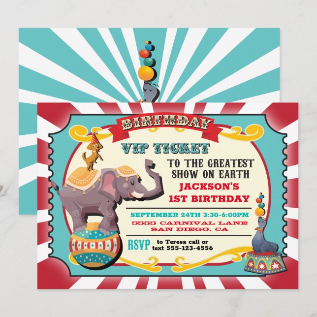Invitación Fiesta de cumpleaños de billetes VIP Circus (Anverso / Reverso)