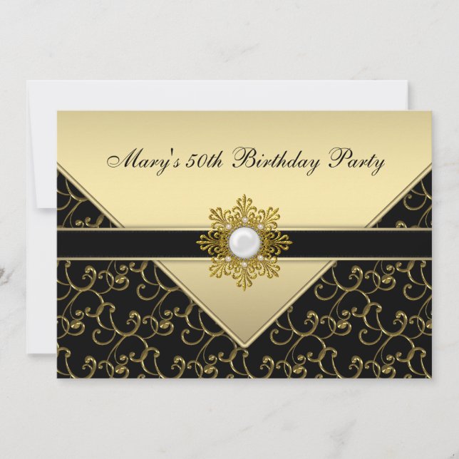 Invitación Fiesta de cumpleaños de Black and Gold Swirl (Anverso)