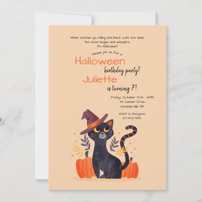 Invitación Fiesta de cumpleaños de Black Cat Halloween (Anverso)