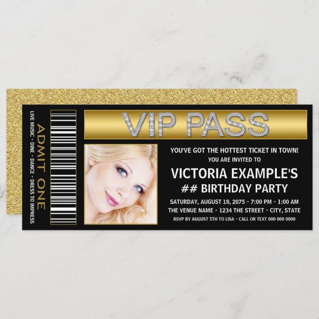 Invitación Fiesta de cumpleaños de Black Gold VIP Pass Ticket (Anverso / Reverso)