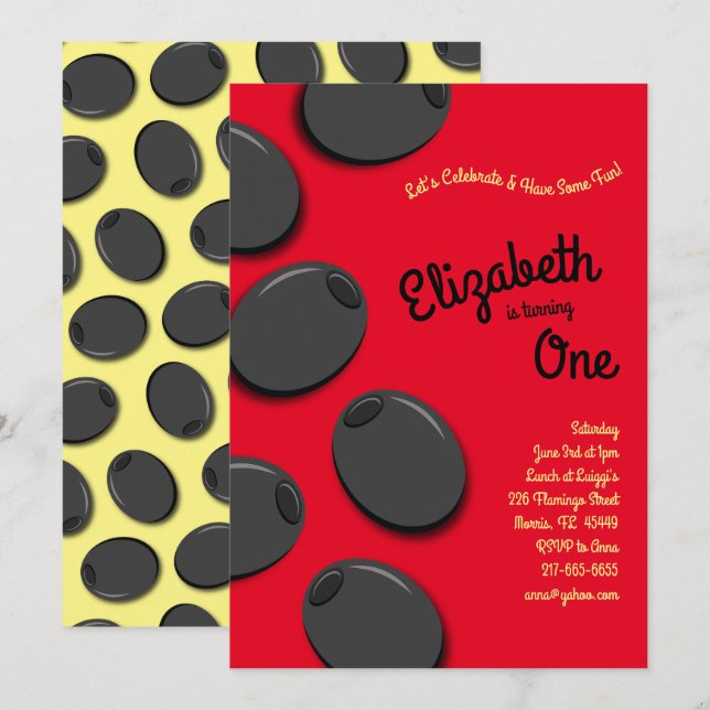 Invitación Fiesta de cumpleaños de Black Olives (Anverso / Reverso)