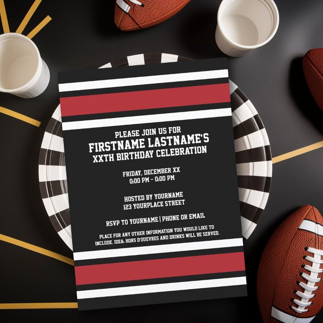 Invitación fiesta de cumpleaños de Black Red Sports Jersey (Birthday Party Invitation - Sports Theme - Football Party Invitation)