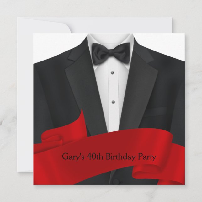 Invitación Fiesta de cumpleaños de Black Red Tuxedo para homb (Anverso)