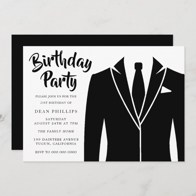 Invitación Fiesta de cumpleaños de Black Suit & Tie All Years (Anverso / Reverso)