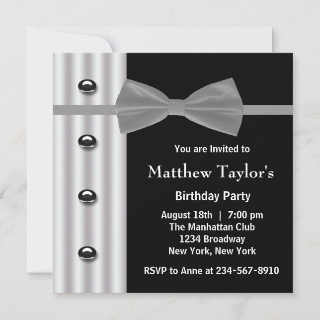 Invitación Fiesta de cumpleaños de Black Tuxedo Bow Tie Mens (Anverso)