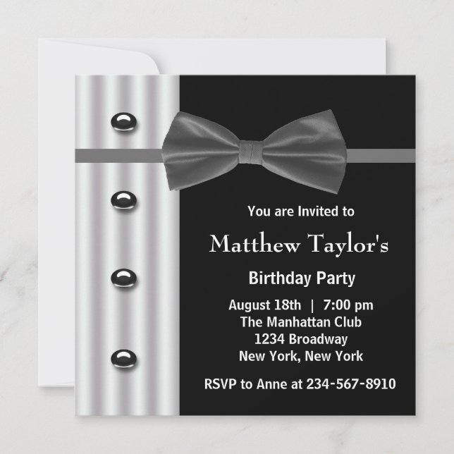 Invitación Fiesta de cumpleaños de Black Tuxedo Bow Tie Mens (Anverso)