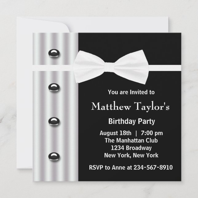 Invitación Fiesta de cumpleaños de Black Tuxedo Bow Tie Mens (Anverso)