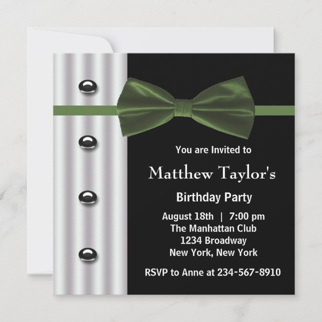Invitación Fiesta de cumpleaños de Black Tuxedo Green Bow Tie (Anverso)