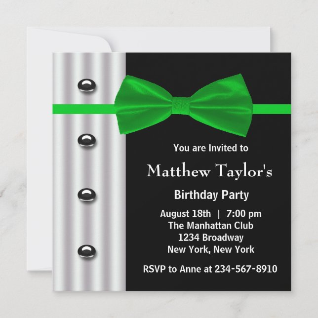 Invitación Fiesta de cumpleaños de Black Tuxedo Green Bow Tie (Anverso)