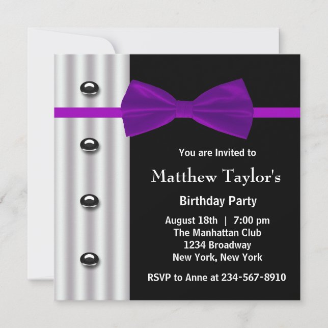 Invitación Fiesta de cumpleaños de Black Tuxedo Purple Bow Ti (Anverso)