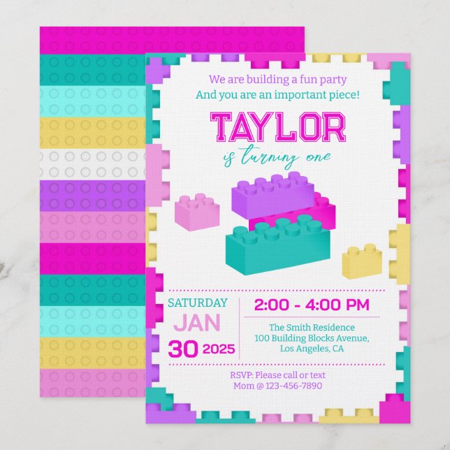 Invitación Fiesta de Cumpleaños de Bloques de Construcción de (Anverso / Reverso)