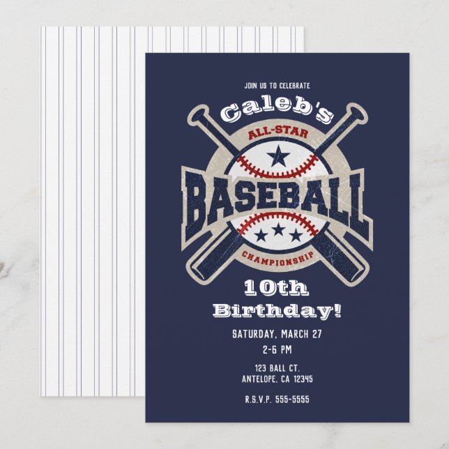 Invitación Fiesta de cumpleaños de Blue All Star Sport Béisbo (Anverso / Reverso)