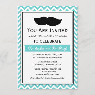 Invitación Fiesta de cumpleaños de Blue Boy Mustache Chevron