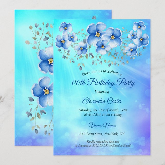 Invitación Fiesta de cumpleaños de Blue Floral Watercolor (Anverso / Reverso)
