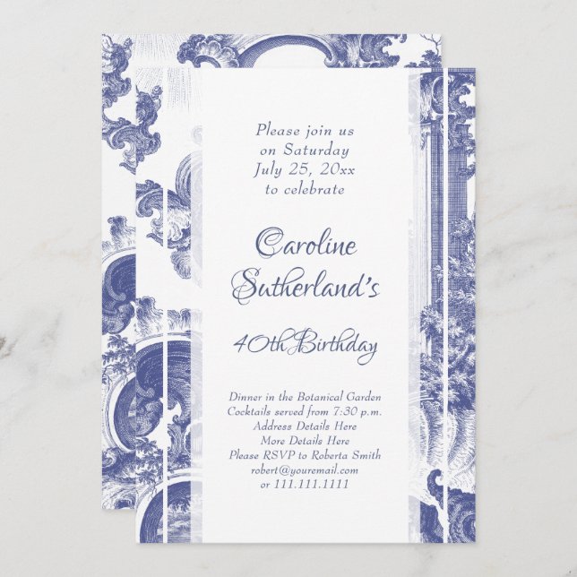 Invitación Fiesta de cumpleaños de Blue French Baroque Toile (Anverso / Reverso)