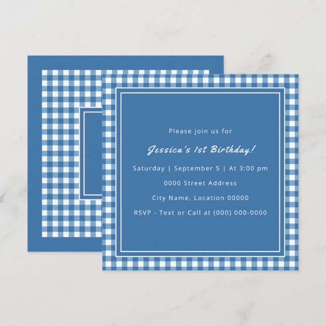 Invitación Fiesta de cumpleaños de Blue Gingham Monogram (Anverso / Reverso)