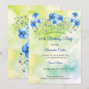 Invitación Fiesta de cumpleaños de Blue Green Floral Watercol