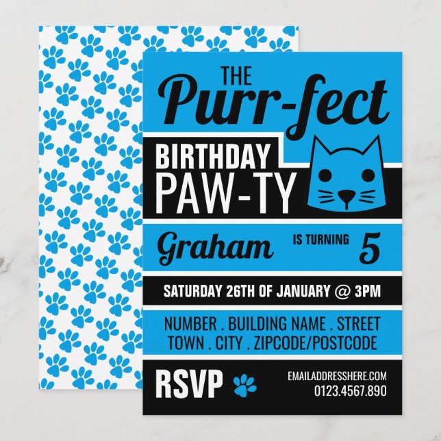 Invitación Fiesta de cumpleaños de Blue Kitten (Anverso / Reverso)