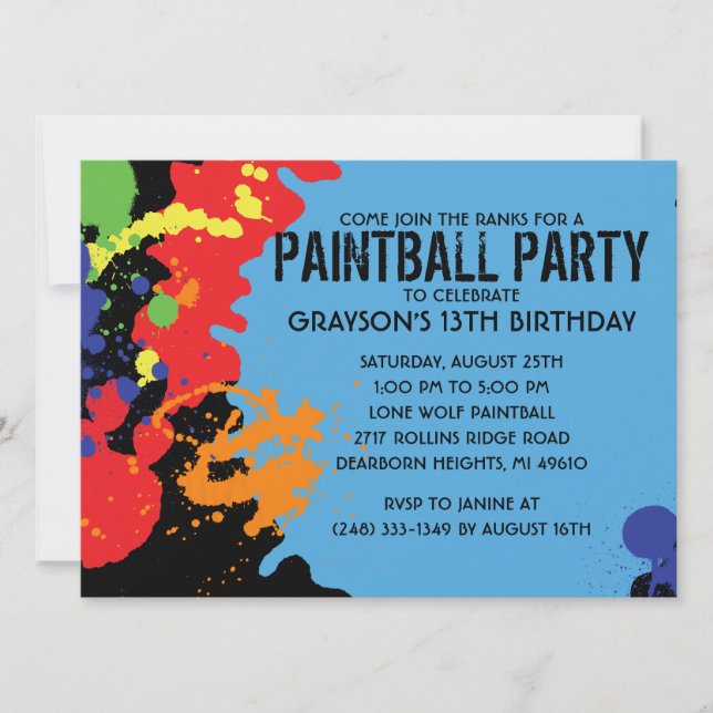 Invitación Fiesta de cumpleaños de Blue Paintball (Anverso)