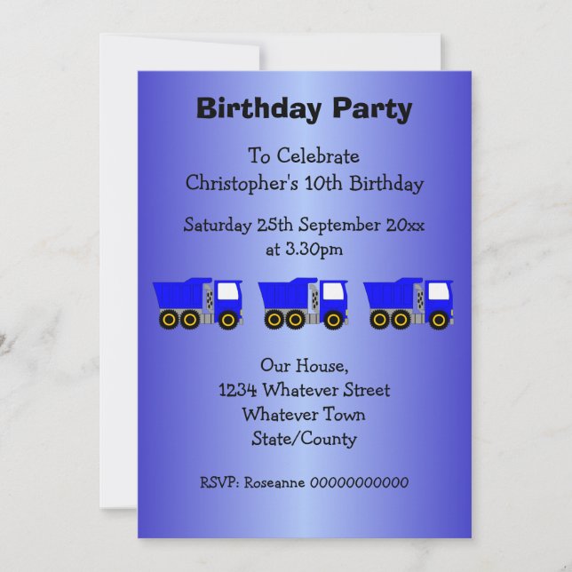 Invitación Fiesta de cumpleaños de Blue Truck Design Boy (Anverso)
