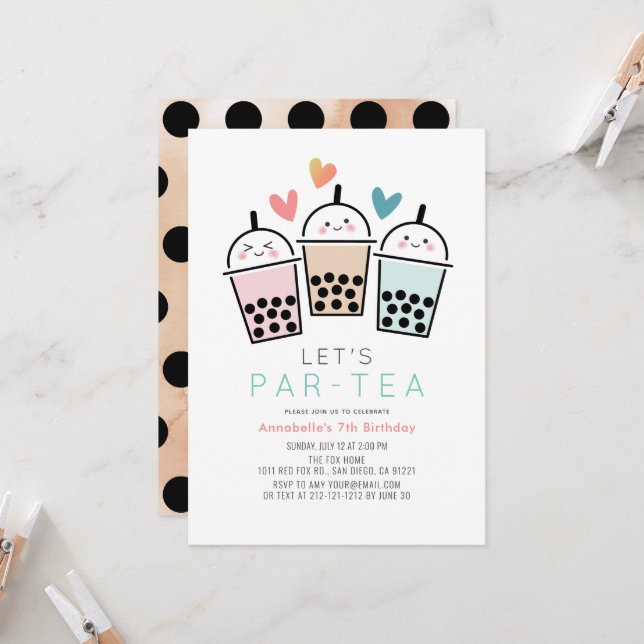 Invitación Fiesta de cumpleaños de Boba Bubble Tea Colorida (Anverso/Reverso In Situ)